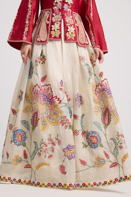 Chandrima_Ivory Silk Organza, Linen Embroidery, Beads Pleated Lehenga _Online_at_Aza_Fashions