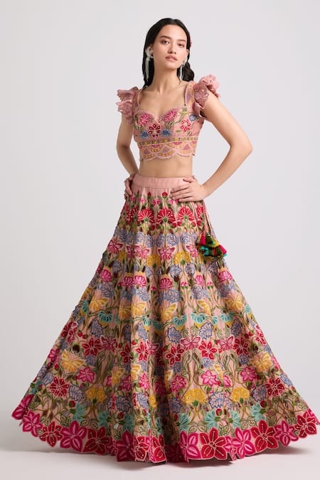 Shop Chandrima Pink Chanderi, Linen Beads, Cut Work Embroidered Lehenga at Aza Fashions Shop_Chandrima_Pink Chanderi, Linen Beads, Cut Work Embroidered Lehenga _at_Aza_Fashions