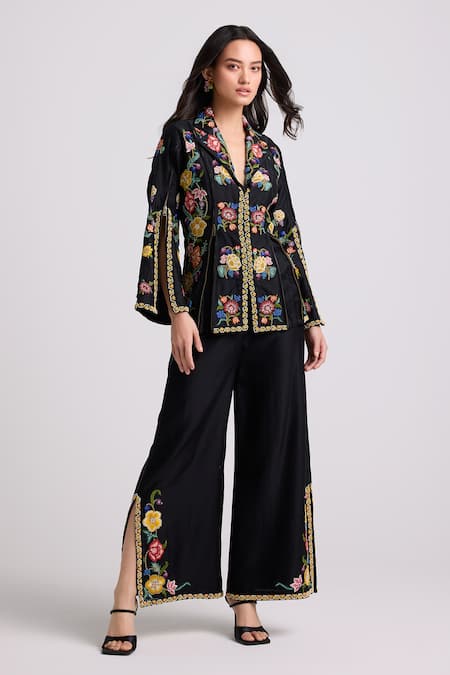 Chandrima Black Chanderi Placement Embroidery Floral Pant 