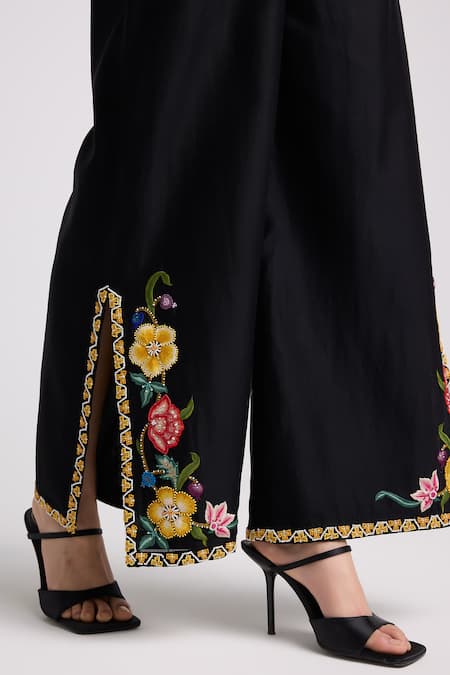 Chandrima_Black Chanderi, Cotton Embroidery Placement Pant _Online_at_Aza_Fashions