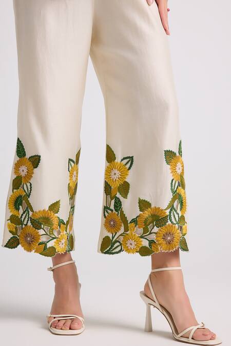 Chandrima Ivory Chanderi, Cotton Embroidery Placement Pant Online at Aza Fashions Chandrima_Ivory Chanderi, Cotton Embroidery Placement Pant _Online_at_Aza_Fashions