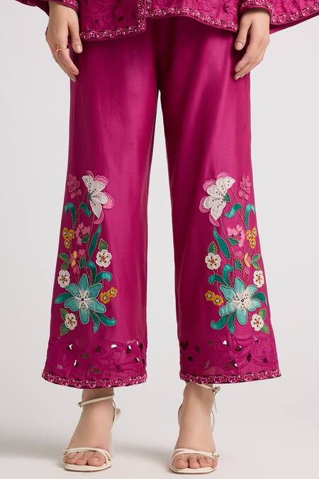 Chandrima Pink Chanderi, Cotton Embroidery, Beads Floral Bloom Pant Online at Aza Fashions Chandrima_Pink Chanderi, Cotton Embroidery, Beads Floral Bloom Pant _Online_at_Aza_Fashions