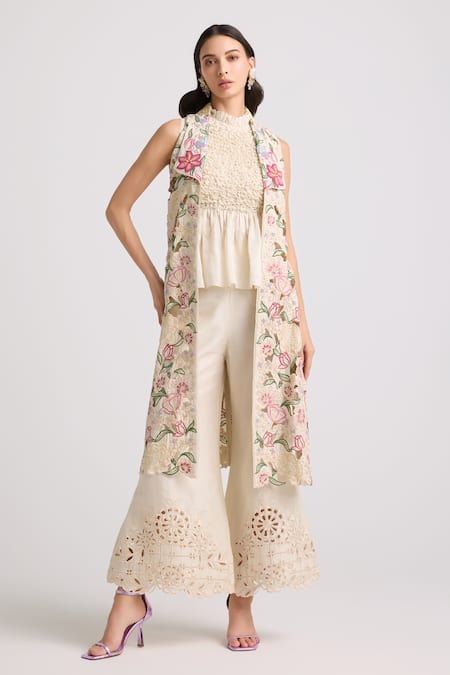 Chandrima Ivory Chanderi, Cotton Embroidery Floral Cutwork Bell Bottom Pant Online at Aza Fashions Chandrima_Ivory Chanderi, Cotton Embroidery Floral Cutwork Bell Bottom Pant _Online_at_Aza_Fashions
