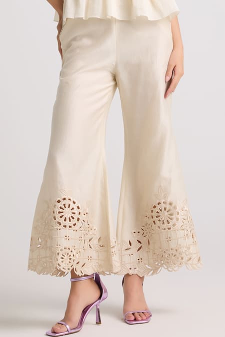 Buy Chandrima Ivory Chanderi, Cotton Embroidery Floral Cutwork Bell Bottom Pant Online at Aza Fashions Buy_Chandrima_Ivory Chanderi, Cotton Embroidery Floral Cutwork Bell Bottom Pant _Online_at_Aza_Fashions