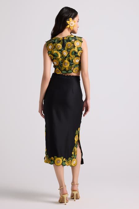 Shop Chandrima Black Chanderi, Cotton Embroidery Sunflower Skirt at Aza Fashions Shop_Chandrima_Black Chanderi, Cotton Embroidery Sunflower Skirt _at_Aza_Fashions