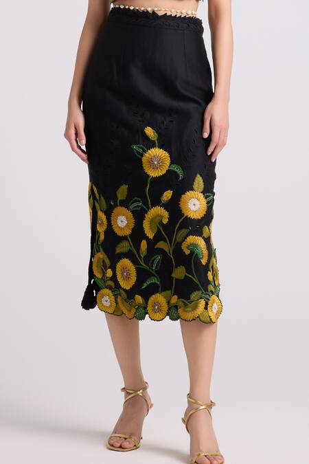 Chandrima Black Chanderi, Cotton Embroidery Sunflower Skirt Online at Aza Fashions Chandrima_Black Chanderi, Cotton Embroidery Sunflower Skirt _Online_at_Aza_Fashions