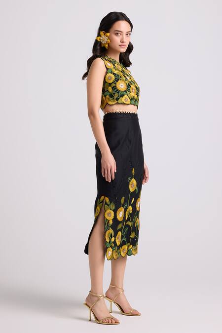 Buy Chandrima Black Chanderi, Cotton Embroidery Sunflower Skirt Online at Aza Fashions Buy_Chandrima_Black Chanderi, Cotton Embroidery Sunflower Skirt _Online_at_Aza_Fashions