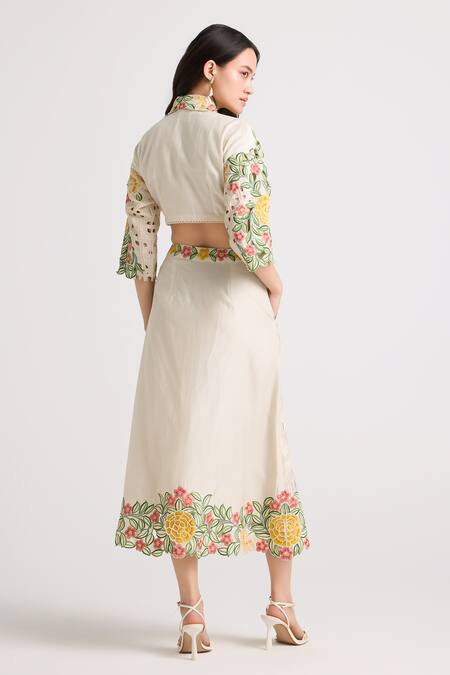 Shop Chandrima Ivory Chanderi, Cotton Embroidery, Cut Work Chequered Skirt at Aza Fashions Shop_Chandrima_Ivory Chanderi, Cotton Embroidery, Cut Work Chequered Skirt _at_Aza_Fashions
