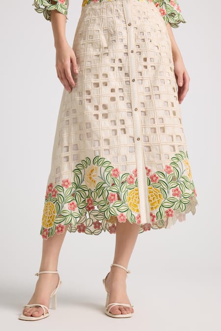 Chandrima Ivory Chanderi, Cotton Embroidery, Cut Work Chequered Skirt Online at Aza Fashions Chandrima_Ivory Chanderi, Cotton Embroidery, Cut Work Chequered Skirt _Online_at_Aza_Fashions