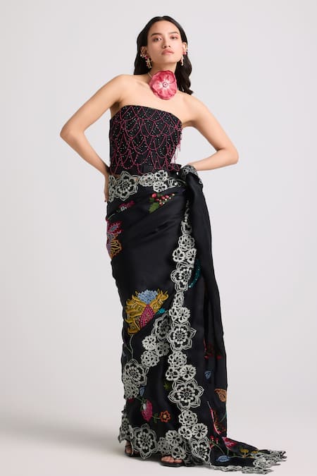 Shop Chandrima Black Silk Organza Embroidery, Beads Flower Vine Saree at Aza Fashions Shop_Chandrima_Black Silk Organza Embroidery, Beads Flower Vine Saree _at_Aza_Fashions