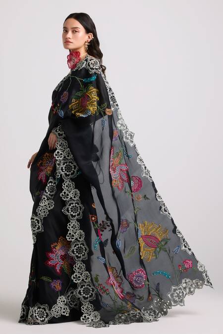 Chandrima Black Silk Organza Embroidery, Beads Flower Vine Saree Online at Aza Fashions Chandrima_Black Silk Organza Embroidery, Beads Flower Vine Saree _Online_at_Aza_Fashions