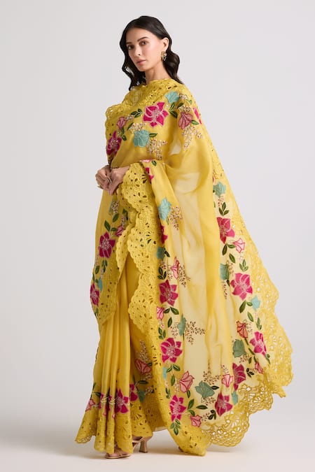 Shop Chandrima Yellow Silk Organza Embroidery, Beads Flower Bloom Saree at Aza Fashions Shop_Chandrima_Yellow Silk Organza Embroidery, Beads Flower Bloom Saree _at_Aza_Fashions