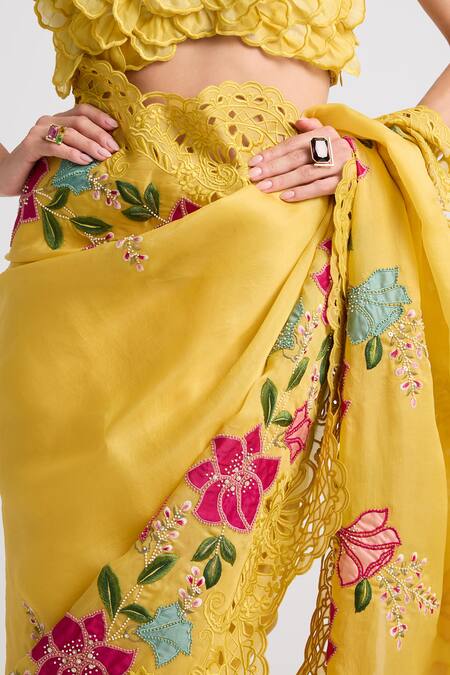 Chandrima Yellow Silk Organza Embroidery, Beads Flower Bloom Saree Online at Aza Fashions Chandrima_Yellow Silk Organza Embroidery, Beads Flower Bloom Saree _Online_at_Aza_Fashions