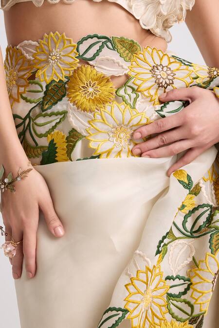 Chandrima_Ivory Silk Organza Embroidery 3d Flower Vine Saree _Online_at_Aza_Fashions
