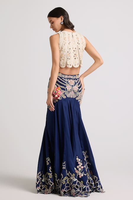Shop_Chandrima_Ivory Chanderi, Cotton Embroidery, Beads Round Neck Top _at_Aza_Fashions
