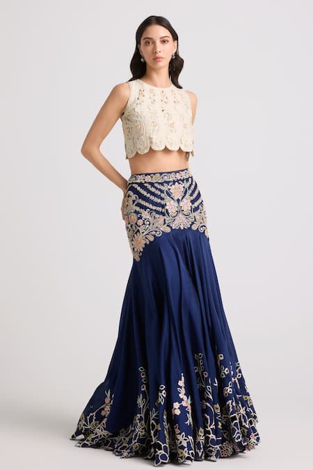 Chandrima_Ivory Chanderi, Cotton Embroidery, Beads Round Neck Top _Online_at_Aza_Fashions