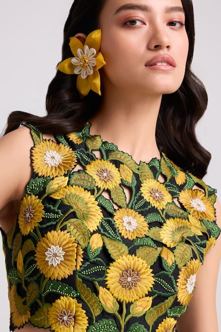 Chandrima Black Chanderi, Cotton Embroidery Round Neck Sunflower Crop Top Online at Aza Fashions Chandrima_Black Chanderi, Cotton Embroidery Round Neck Sunflower Crop Top _Online_at_Aza_Fashions