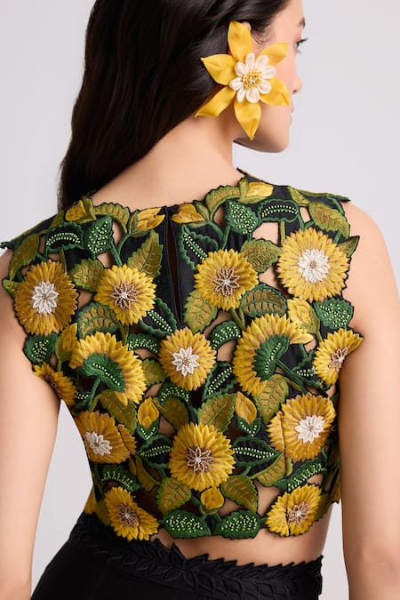 Buy Chandrima Black Chanderi, Cotton Embroidery Round Neck Sunflower Crop Top Online at Aza Fashions Buy_Chandrima_Black Chanderi, Cotton Embroidery Round Neck Sunflower Crop Top _Online_at_Aza_Fashions