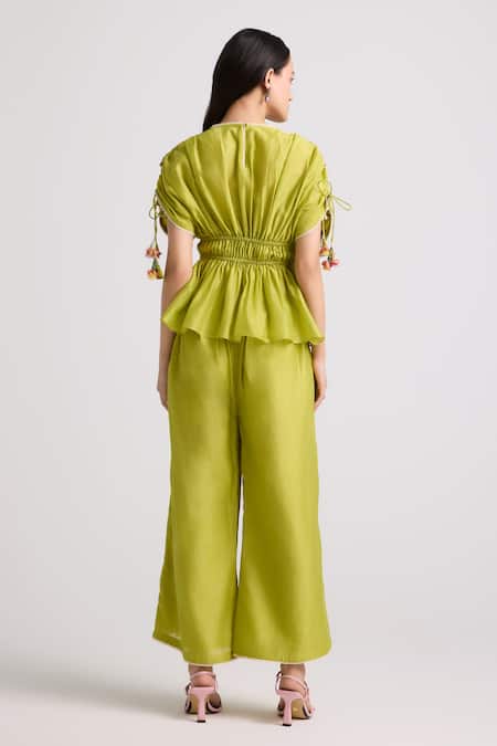 Shop Chandrima Green Chanderi Embroidery Round Neck Floral Ruched Top at Aza Fashions Shop_Chandrima_Green Chanderi Embroidery Round Neck Floral Ruched Top _at_Aza_Fashions