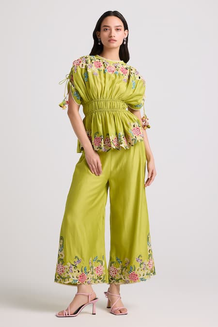 Chandrima Green Chanderi Embroidery Round Neck Floral Ruched Top Online at Aza Fashions Chandrima_Green Chanderi Embroidery Round Neck Floral Ruched Top _Online_at_Aza_Fashions