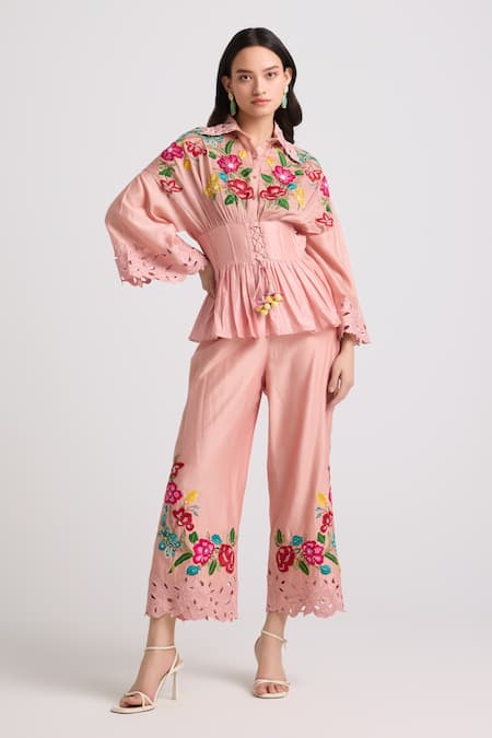 Chandrima Pink Chanderi Embroidery Floral Collared Neck Corset Shirt 