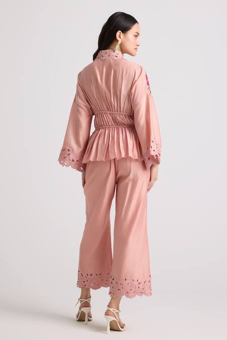 Shop Chandrima Pink Chanderi Embroidery, Beads Collared Corset Shirt at Aza Fashions Shop_Chandrima_Pink Chanderi Embroidery, Beads Collared Corset Shirt _at_Aza_Fashions