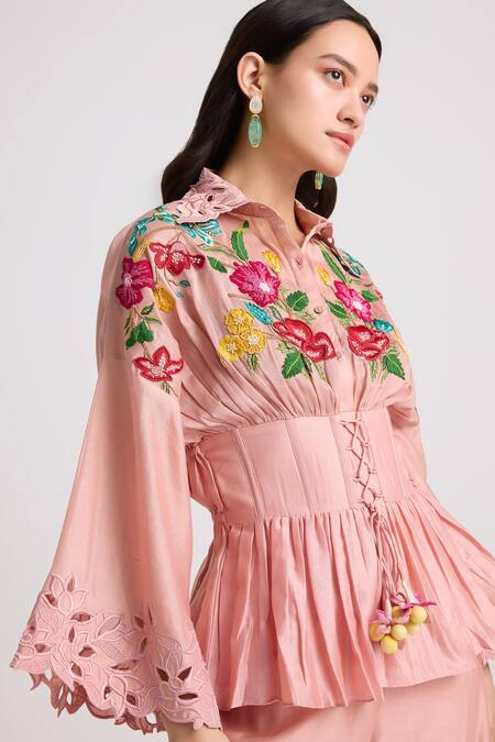 Chandrima Pink Chanderi Embroidery, Beads Collared Corset Shirt Online at Aza Fashions Chandrima_Pink Chanderi Embroidery, Beads Collared Corset Shirt _Online_at_Aza_Fashions