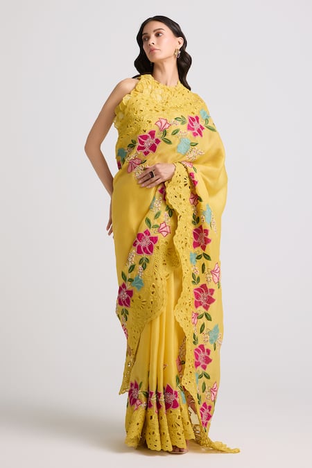 Chandrima_Yellow Chanderi, Cotton Applique Round Neck Dahlia 3d Top _Online_at_Aza_Fashions