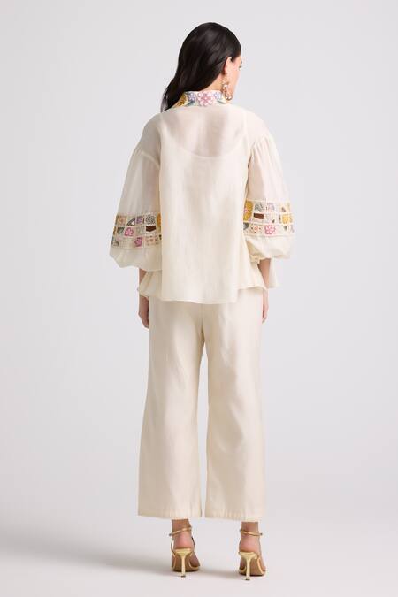 Shop Chandrima Ivory Chanderi Embroidery, Beads Collared Floral Chequered Shirt at Aza Fashions Shop_Chandrima_Ivory Chanderi Embroidery, Beads Collared Floral Chequered Shirt _at_Aza_Fashions