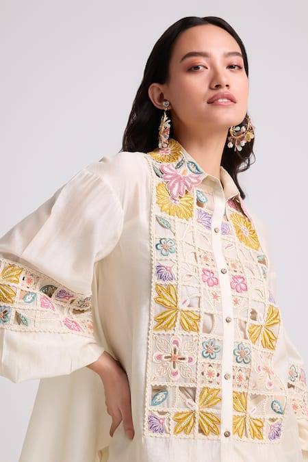 Chandrima Ivory Chanderi Embroidery, Beads Collared Floral Chequered Shirt Online at Aza Fashions Chandrima_Ivory Chanderi Embroidery, Beads Collared Floral Chequered Shirt _Online_at_Aza_Fashions