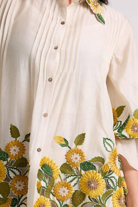 Chandrima_Ivory Chanderi Embroidery Collared Sunflower Shirt _Online_at_Aza_Fashions