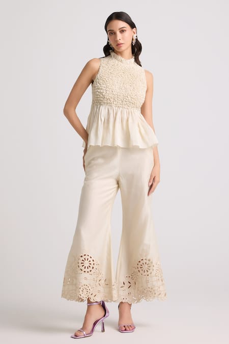 Shop Chandrima Ivory Chanderi, Cotton Racerback Smocked Bodice Peplum Top Online at Aza Fashions Shop_Chandrima_Ivory Chanderi, Cotton Racerback Smocked Bodice Peplum Top _Online_at_Aza_Fashions