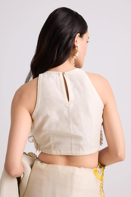 Shop_Chandrima_Ivory Chanderi, Cotton Beads, Applique Round Neck 3d Daisy Crop Top _at_Aza_Fashions