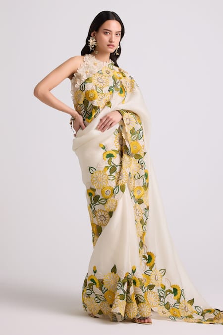 Chandrima_Ivory Chanderi, Cotton Beads, Applique Round Neck 3d Daisy Crop Top _Online_at_Aza_Fashions
