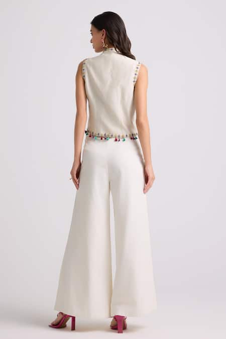 Shop Chandrima Ivory Chanderi, Cotton Embroidery, Beads V-neck Floral Applique Waistcoat at Aza Fashions Shop_Chandrima_Ivory Chanderi, Cotton Embroidery, Beads V-neck Floral Applique Waistcoat _at_Aza_Fashions