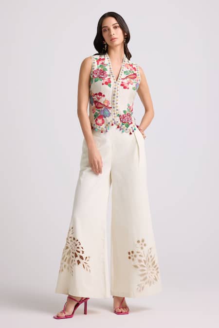 Chandrima Ivory Chanderi, Cotton Embroidery, Beads V-neck Floral Applique Waistcoat Online at Aza Fashions Chandrima_Ivory Chanderi, Cotton Embroidery, Beads V-neck Floral Applique Waistcoat _Online_at_Aza_Fashions