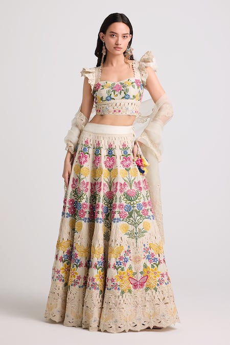 Chandrima_Ivory Chanderi, Linen Beads, Cut Work Floral Embroidered Lehenga _Online_at_Aza_Fashions