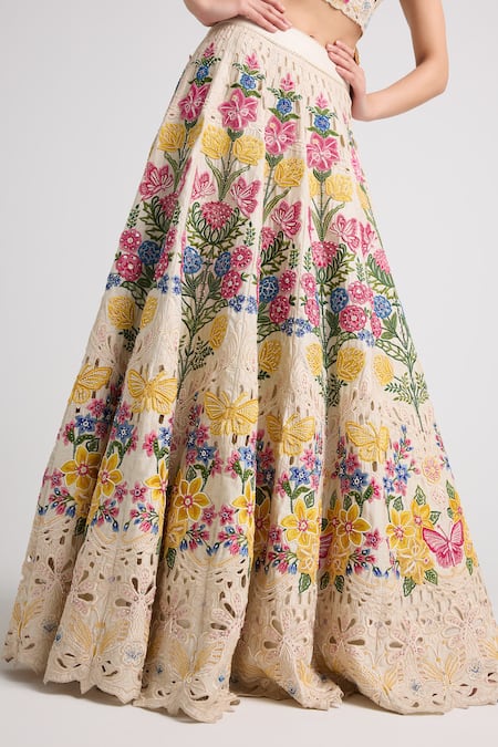 Buy_Chandrima_Ivory Chanderi, Linen Beads, Cut Work Floral Embroidered Lehenga _Online_at_Aza_Fashions