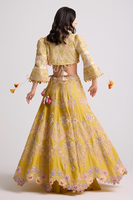 Shop Chandrima Yellow Chanderi, Cotton Tassels Contrast Cord Work Lehenga at Aza Fashions Shop_Chandrima_Yellow Chanderi, Cotton Tassels Contrast Cord Work Lehenga _at_Aza_Fashions
