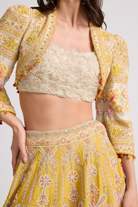 Chandrima Yellow Chanderi, Cotton Tassels Contrast Cord Work Lehenga Online at Aza Fashions Chandrima_Yellow Chanderi, Cotton Tassels Contrast Cord Work Lehenga _Online_at_Aza_Fashions