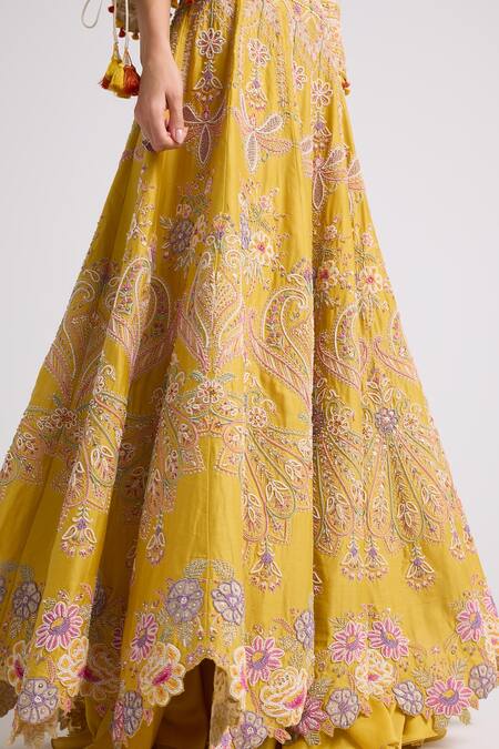 Shop Chandrima Yellow Chanderi, Cotton Tassels Contrast Cord Work Lehenga Online at Aza Fashions Shop_Chandrima_Yellow Chanderi, Cotton Tassels Contrast Cord Work Lehenga _Online_at_Aza_Fashions