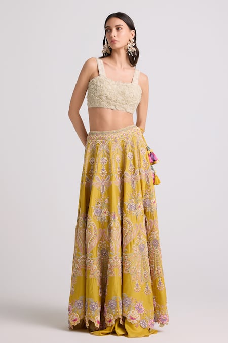 Chandrima Yellow Chanderi, Cotton Tassels Contrast Cord Work Lehenga at Aza Fashions Chandrima_Yellow Chanderi, Cotton Tassels Contrast Cord Work Lehenga _at_Aza_Fashions