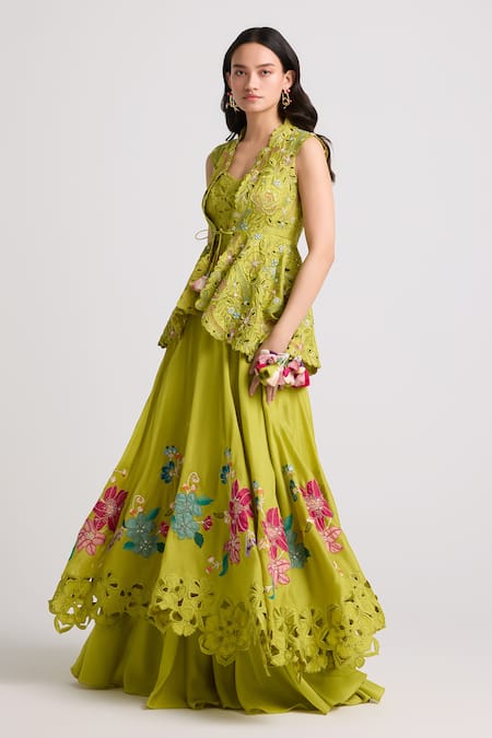 Shop Chandrima Green Chanderi, Cotton Beads, Applique Floral Layered Lehenga at Aza Fashions Shop_Chandrima_Green Chanderi, Cotton Beads, Applique Floral Layered Lehenga _at_Aza_Fashions