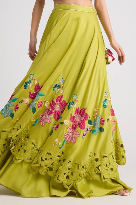 Chandrima Green Chanderi, Cotton Beads, Applique Floral Layered Lehenga Online at Aza Fashions Chandrima_Green Chanderi, Cotton Beads, Applique Floral Layered Lehenga _Online_at_Aza_Fashions