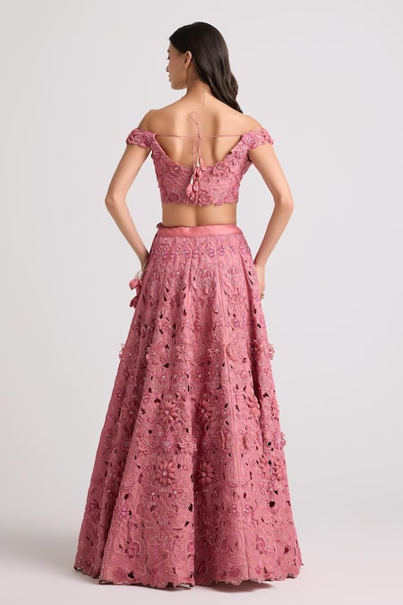 Shop Chandrima Pink Chanderi, Linen Beads, Cut Work, Applique 3d Floral Lehenga at Aza Fashions Shop_Chandrima_Pink Chanderi, Linen Beads, Cut Work, Applique 3d Floral Lehenga _at_Aza_Fashions