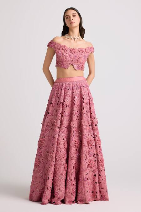 Chandrima Pink Chanderi, Linen Beads, Cut Work, Applique 3d Floral Lehenga Online at Aza Fashions Chandrima_Pink Chanderi, Linen Beads, Cut Work, Applique 3d Floral Lehenga _Online_at_Aza_Fashions