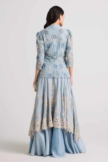 Shop_Chandrima_Blue Chanderi Embroidery, Cut Work Layered Lehenga _at_Aza_Fashions