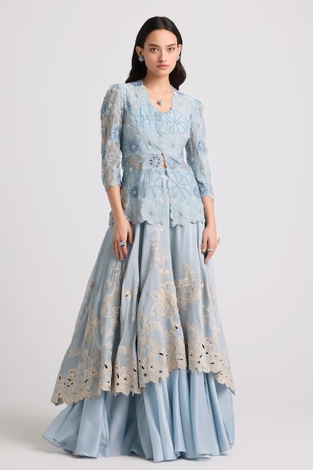 Chandrima_Blue Chanderi Embroidery, Cut Work Layered Lehenga _Online_at_Aza_Fashions