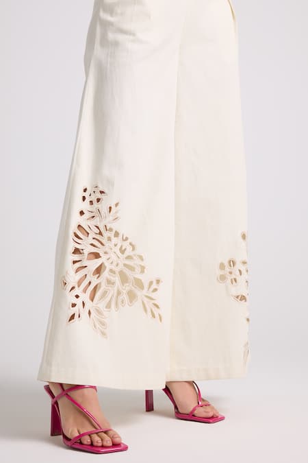 Chandrima Ivory Cotton, Twill Cut Work Flared Pant Online at Aza Fashions Chandrima_Ivory Cotton, Twill Cut Work Flared Pant _Online_at_Aza_Fashions