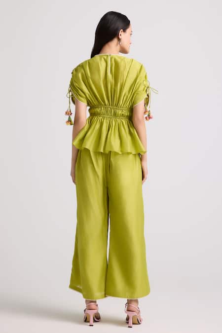 Shop_Chandrima_Green Chanderi, Cotton Embroidery, Beads Floral Cutwork Flared Pant _at_Aza_Fashions